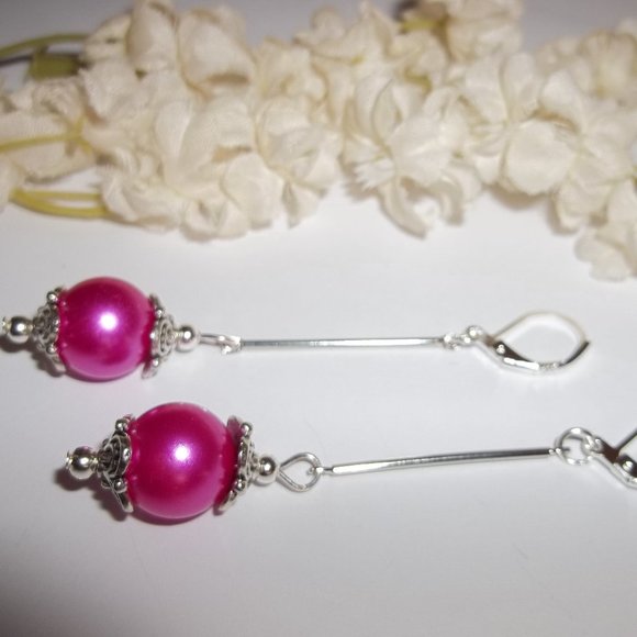 Long Earrings, Fuschia Pink and Silver, Dangle and Drop Earrings, Beaded 7453 - Picture 4 of 8